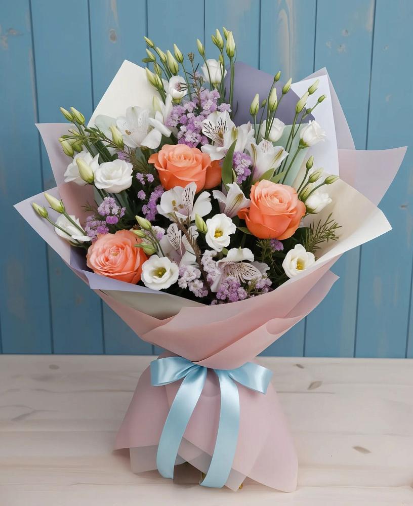 Букет цветов из: Лизиантусы, Розы, Альстромерии и Гипсофила в Мытищах