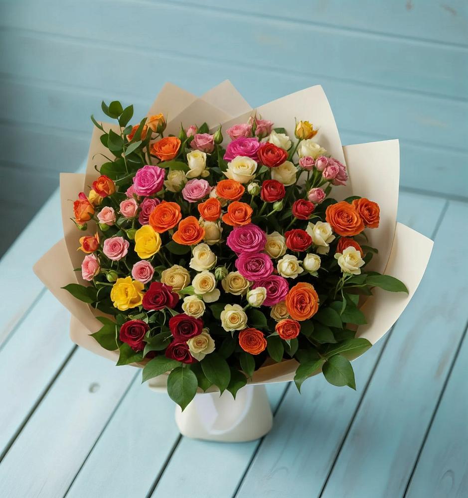 Букет Микс из разноцветных кустовых роз в Мытищах